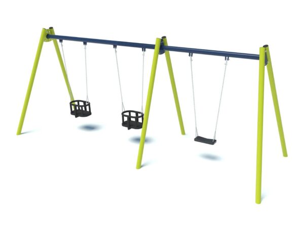 Triple playground swing with 2 cradle seats, 1 flat seat 2003