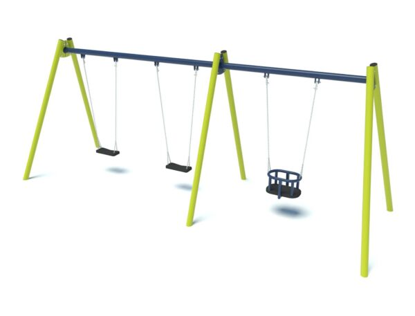 Triple playground swing with 2 flat seats, 1 cradle seat 2003