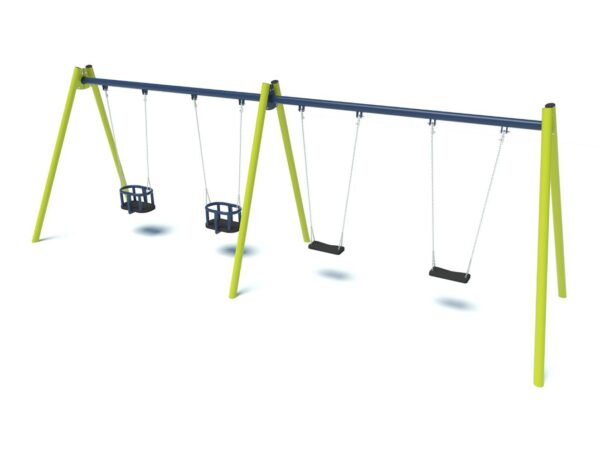 Quadruple playground swing with 2 flat seats, 2 cradle seats 2004